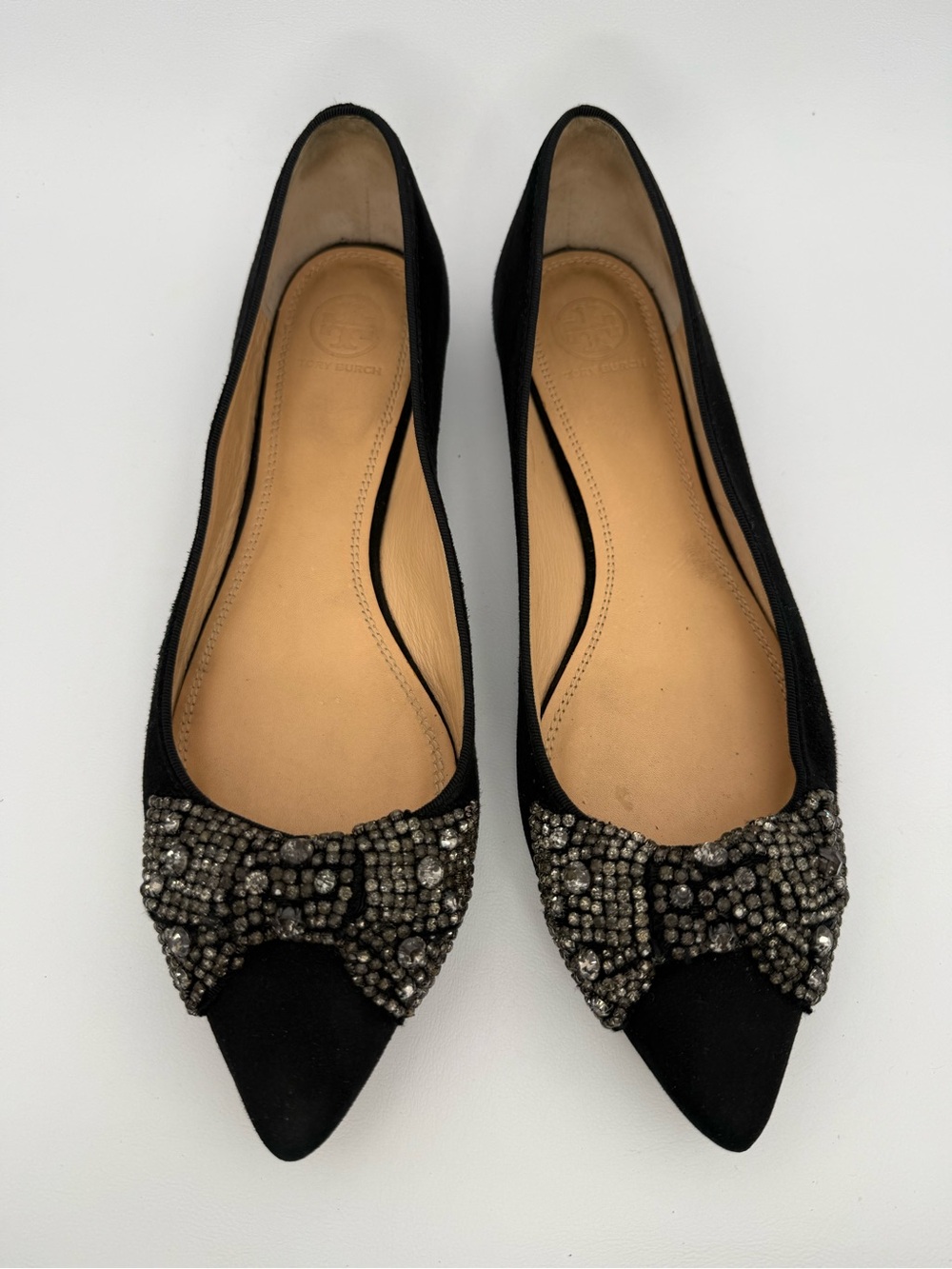 Tory Burch Vanessa Black Suede Pointed Toe Crystal -Bow Ballet Flat Sz 9.5 Prepp - Picture 6 of 17